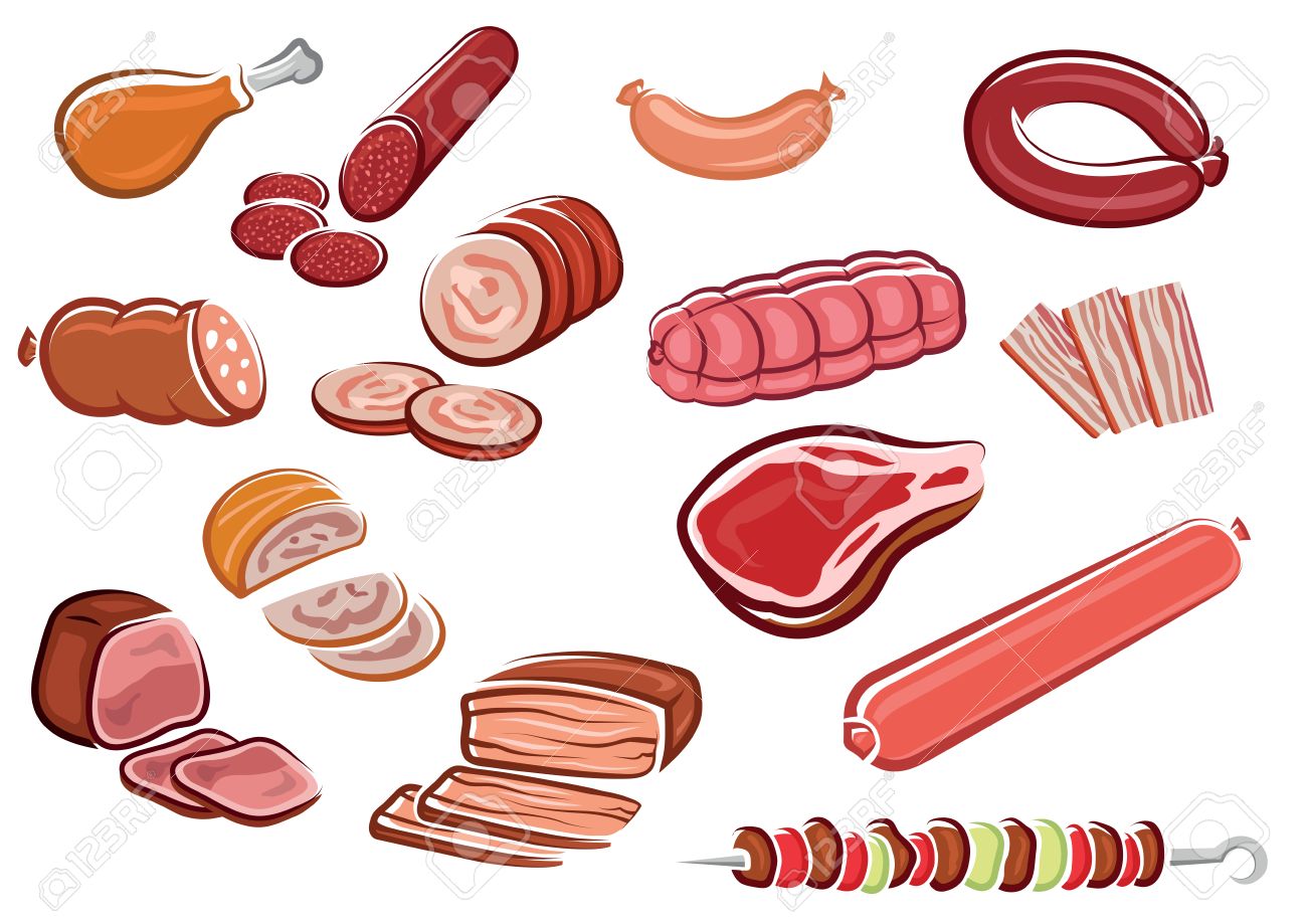 Meat Products In Cartoon Style Including Bacon Strips, Sliced Sausages And  Roast Beef, Fresh Steak, Chicken Leg, Kebab With Vegetables On Skewer  Suited For Steak House Or Butcher Shop Design Royalty Free, image size:1300x919