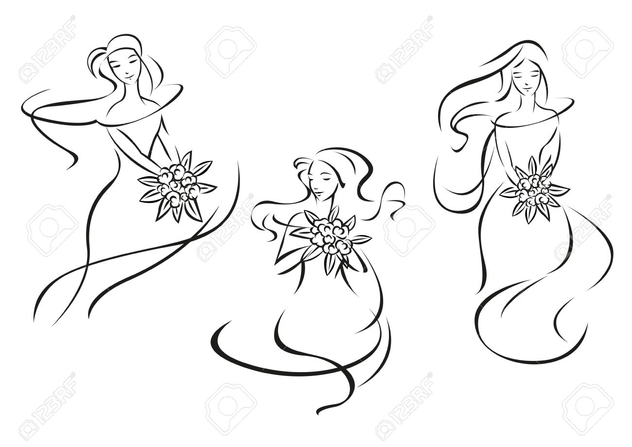 アウトラインでかなりの花嫁の女の子のシルエット スケッチ ブライダル サロンや紋章の設計のための先の尖った葉と花の花束とスタイル のイラスト素材 ベクタ Image 3911 アウトラインでかなりの花嫁の女の子のシルエット スケッチ ブライダル サロンや紋章の設計のための先の尖った葉と花の花束とスタイル のイラスト素材 ベクタ Image 3911
