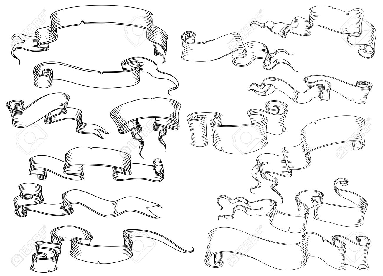 scrolls manuscripts and ribbon banners in vintage engraving