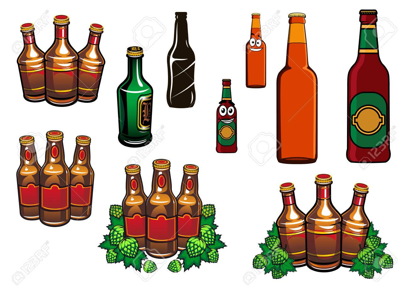 ビール瓶入り漫画緑と茶色のガラス瓶ビール ホップ 白紙のラベルおよびアルコール飲料の面白い笑顔の設計のイラスト素材 ベクタ Image
