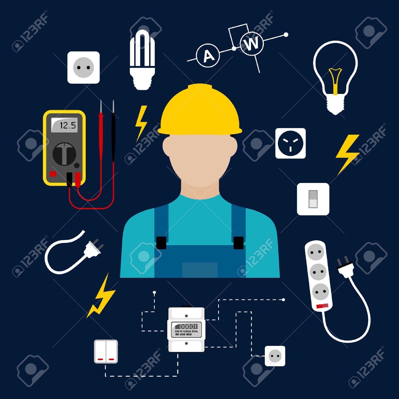 professional electrician concept with electric man in yellow