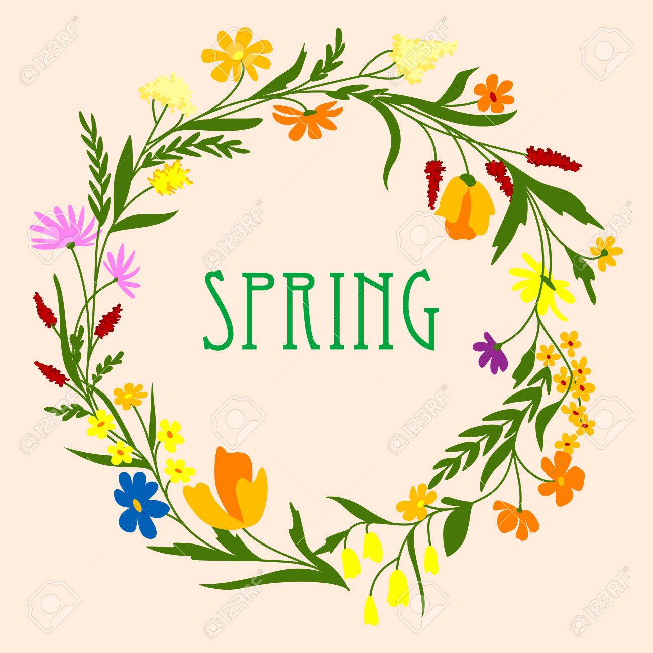 キャプション春咲く草花序で織られた春野生の花の花輪と繊細な花グリーティング カード テンプレート デザインのイラスト素材 ベクタ Image 3971
