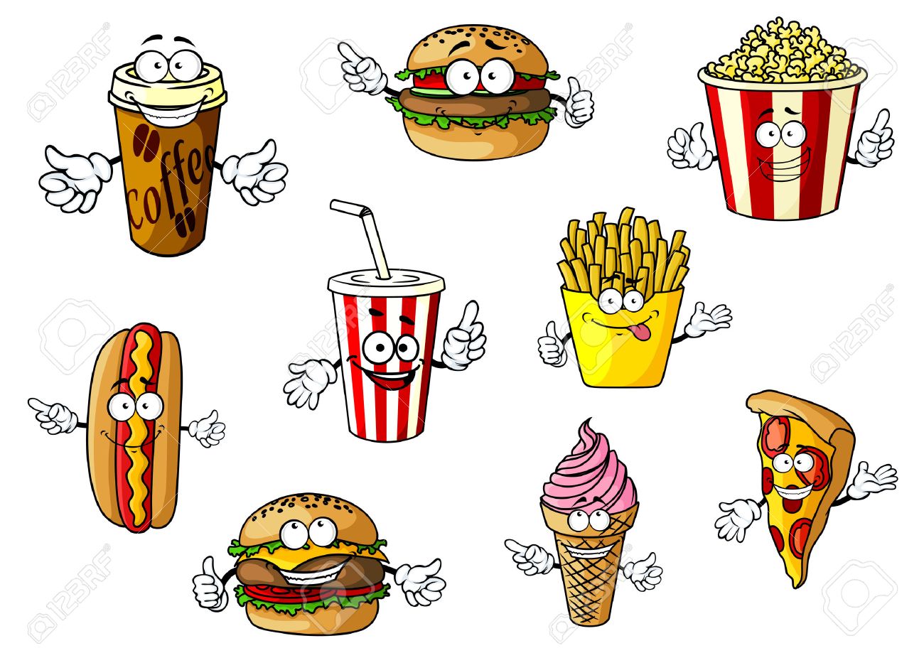 Desenhos Animados Coloridos Fast Food E Takeaways Personagens Com