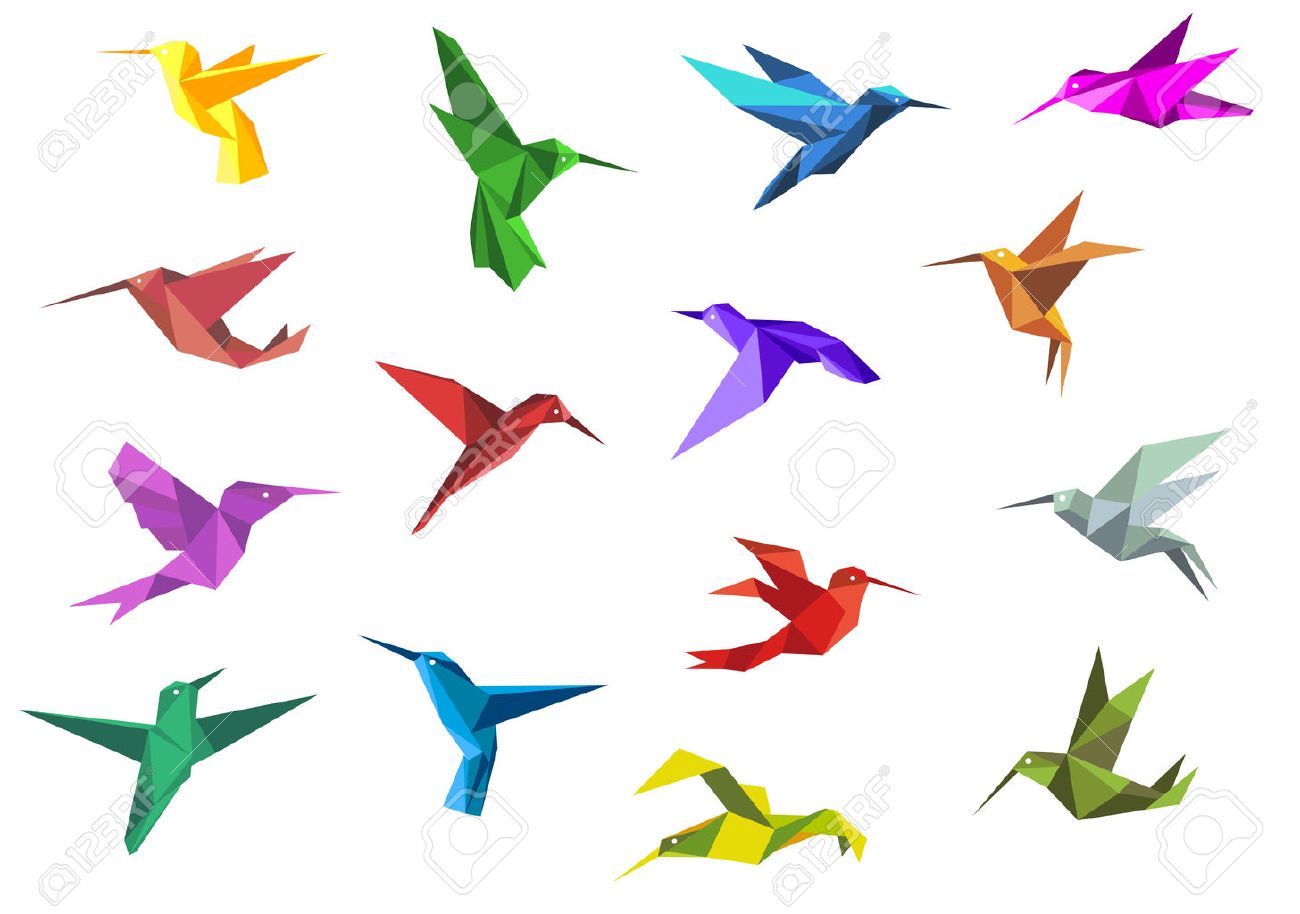 flying origami paper hummingbirds or colibri isolated on white