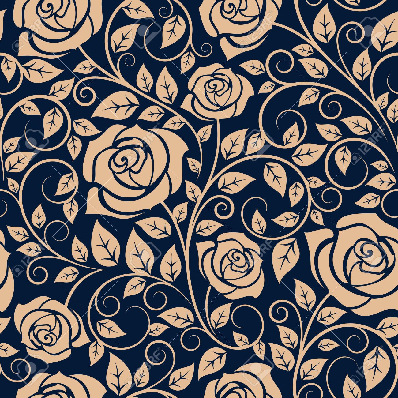 Floral Seamless Pattern Of Blooming Roses On Wavy Twigs With Curved Tips And Lush Foliage On Dark Blue Background For Interior Wallpaper Or Textile Design Royalty Free Cliparts Vectors And Stock Illustration