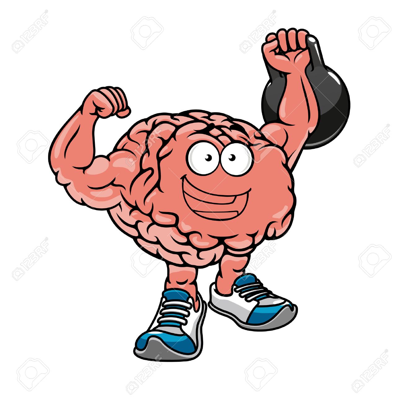 Brawny Cartoon Brain With Muscles Lifting Weights And Cheering ...