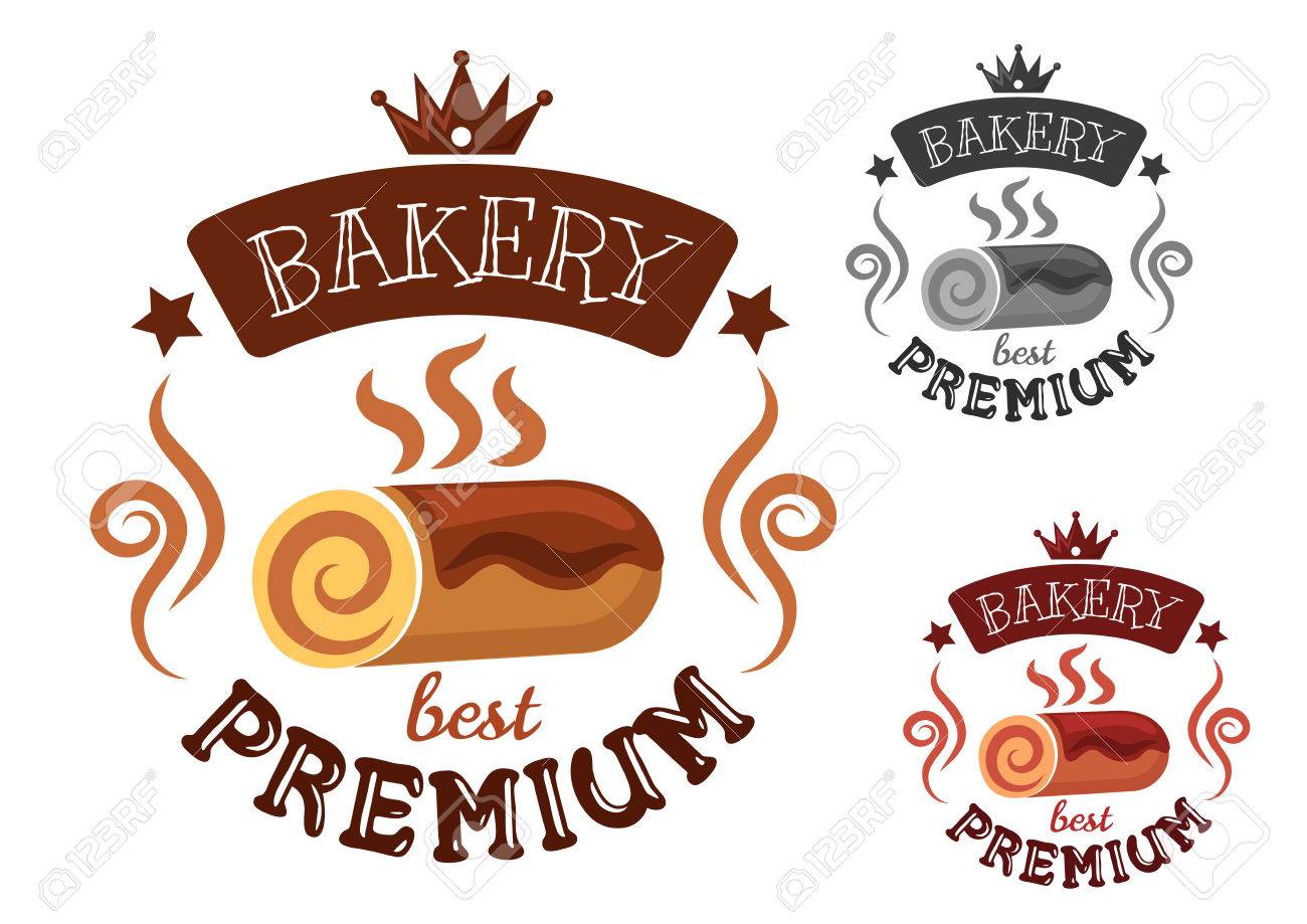Premium-Bäckerei-Emblem Mit Frisch Gebackenen Swiss Roll Kuchen Und ... Premium-Bäckerei-Emblem Mit Frisch Gebackenen Swiss Roll Kuchen Und ...