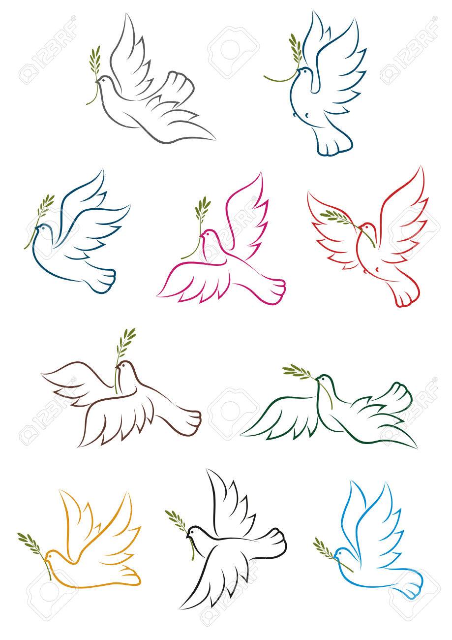 白い背景で隔離のグリーン オリーブ木の枝に飛んでいる鳩 宗教や自由設計のための平和概念アイコン のイラスト素材 ベクタ Image