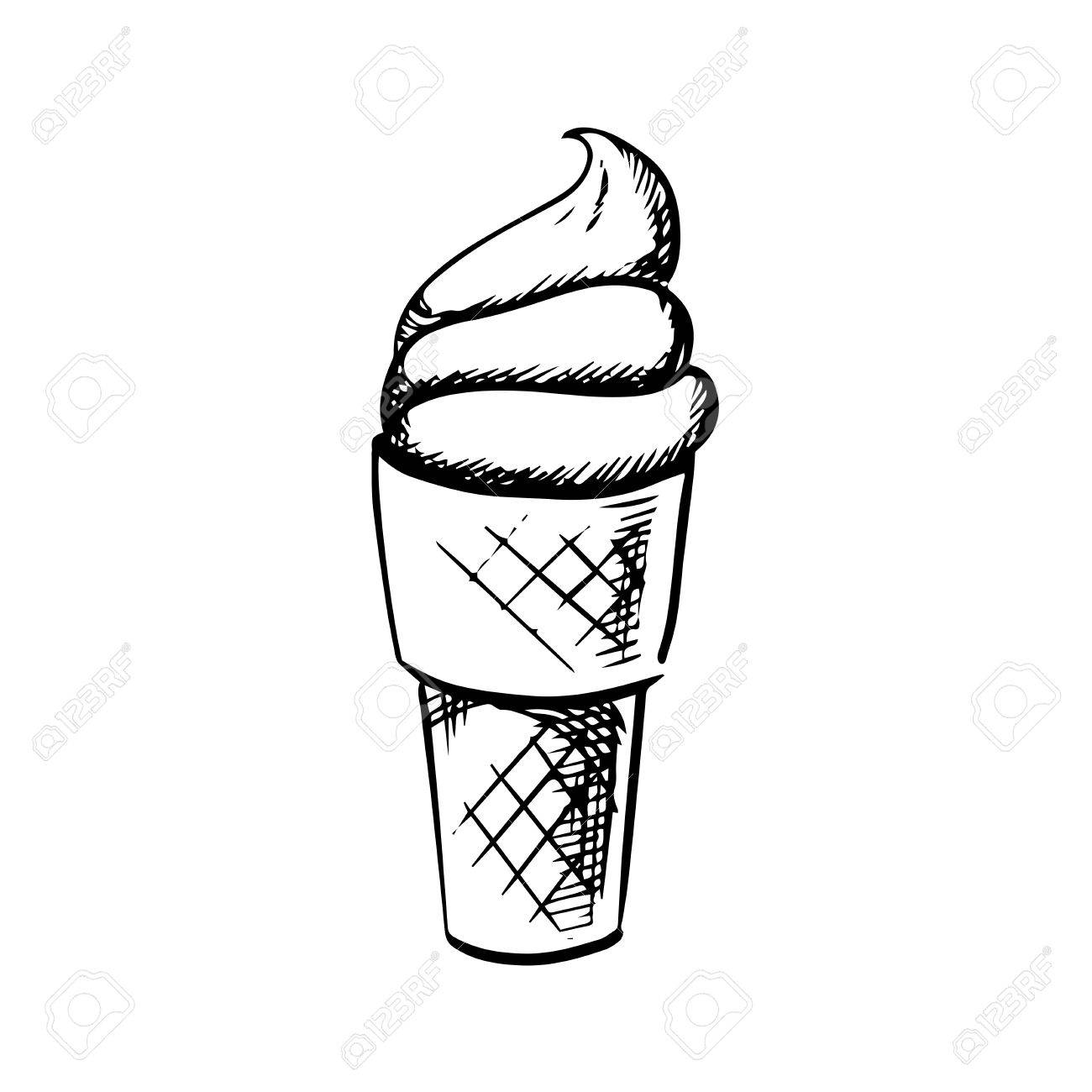 白い背景に分離された甘いバニラ ソフト クリーム ワッフル コーンに スケッチ スタイルのイラスト素材 ベクタ Image 45597450