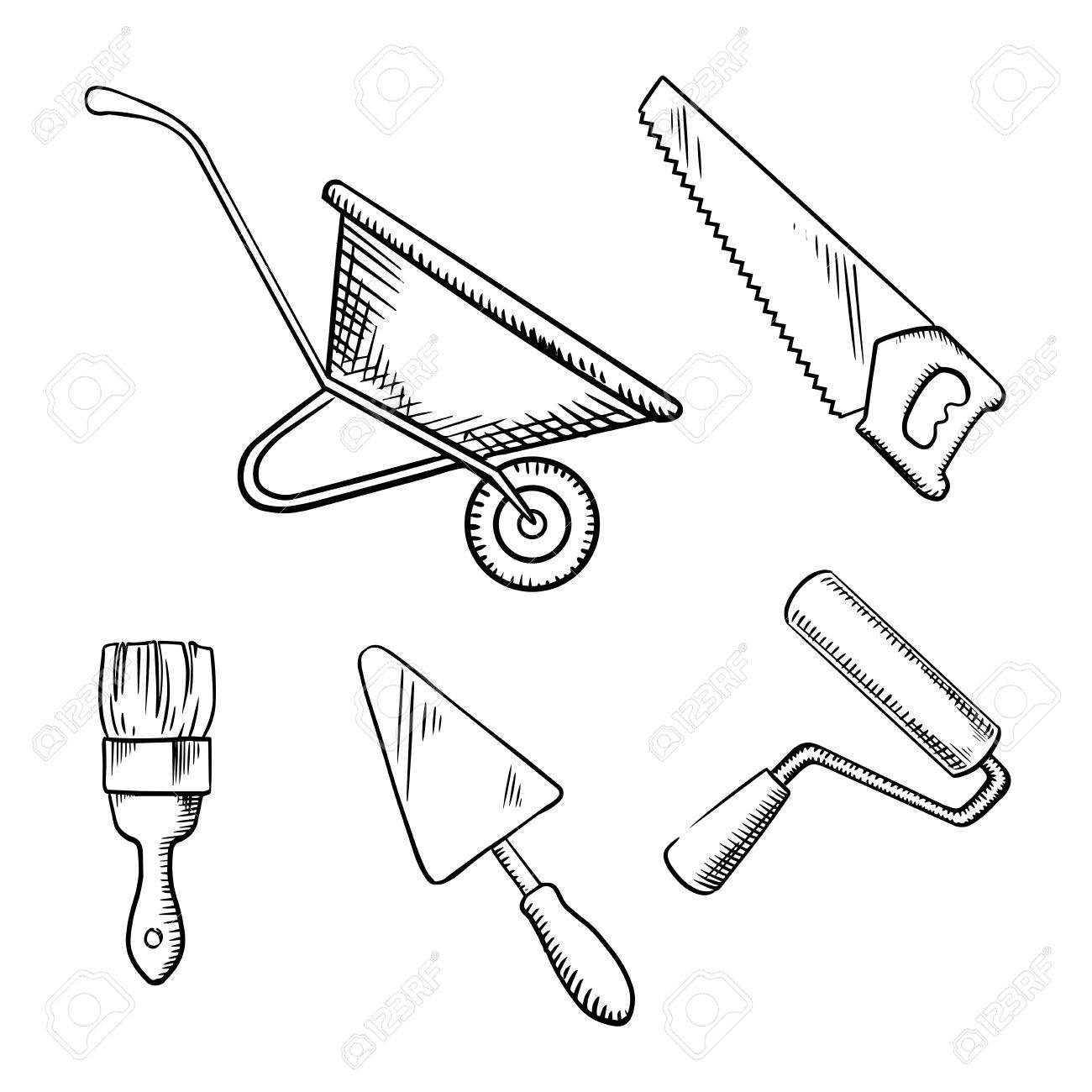 Hand Saw Trowel Wheelbarrow Paint Brush And Roller Sketch