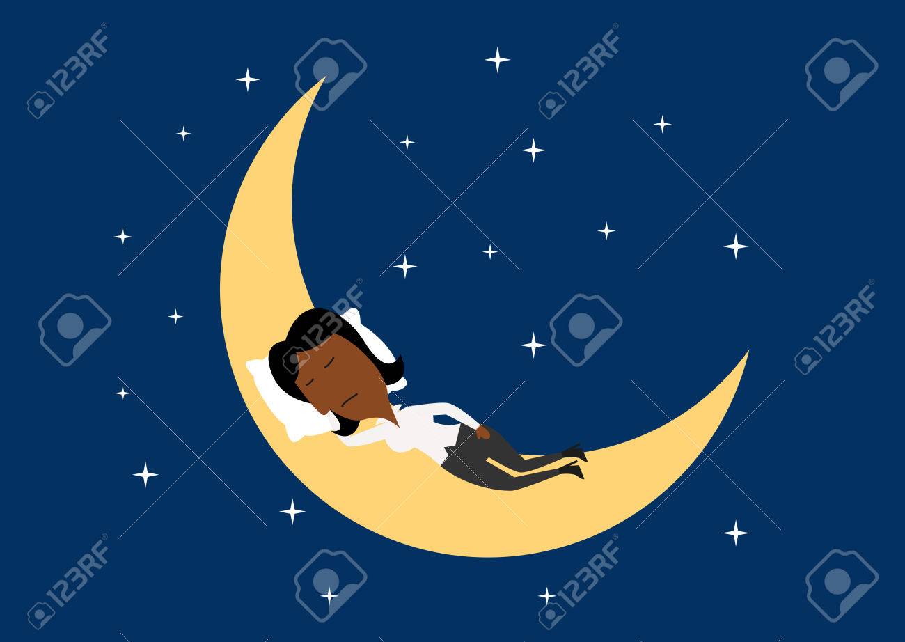 輝く星と暗い夜空で 月面に眠る疲れたアフリカ系アメリカ人の実業家 フラットの漫画のキャラクターのイラスト素材 ベクタ Image