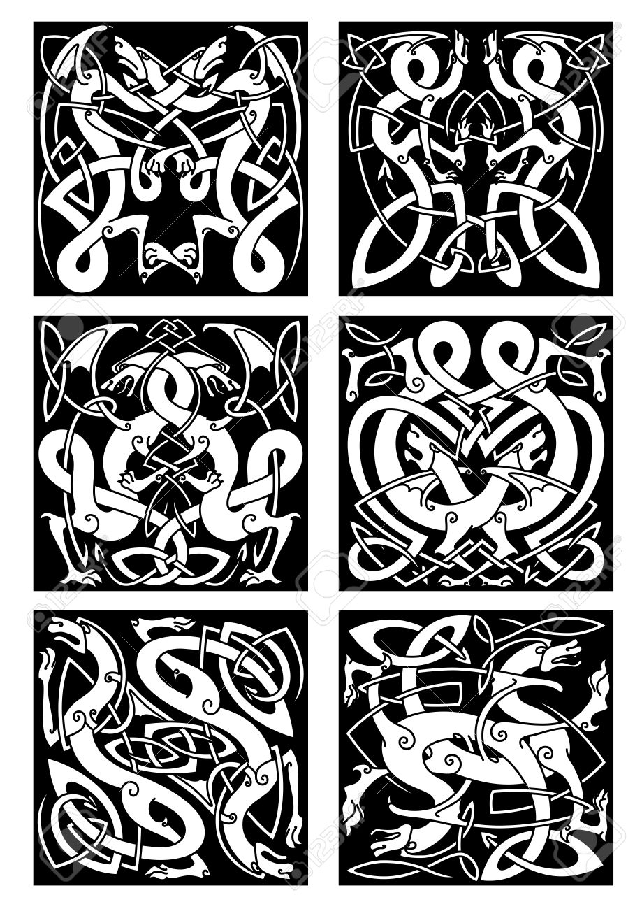 Medieval Celtic Knot Patterns Of Dragons With Entwined Wings Royalty Free Cliparts Vectors And Stock Illustration Image 48314357