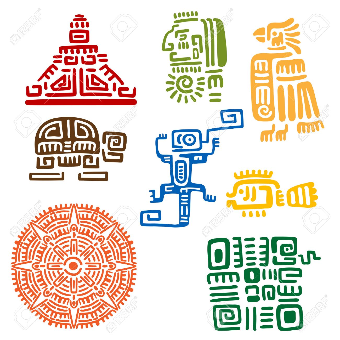 Ancient Mayan And Aztec Totems Or Religious Signs With Colorful Symbols Of  Sun, Bird, Snake, Turtle, Fish, Lizard, Pyramid And Warrior. For Tattoo Or  T-shirt Design Royalty Free SVG, Cliparts, Vectors, and