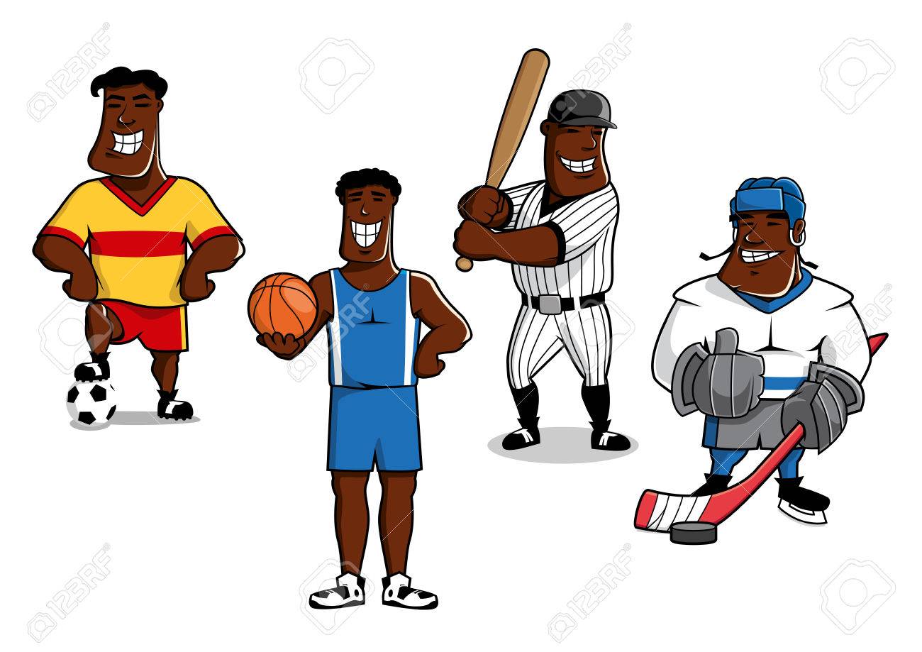 陽気なアフリカ系アメリカ人のサッカー バスケット ボール 野球 アイス ホッケー選手漫画ボール パック バット スポーツ マスコットやライフ スタイル概念のための棒を持つ文字のイラスト素材 ベクタ Image