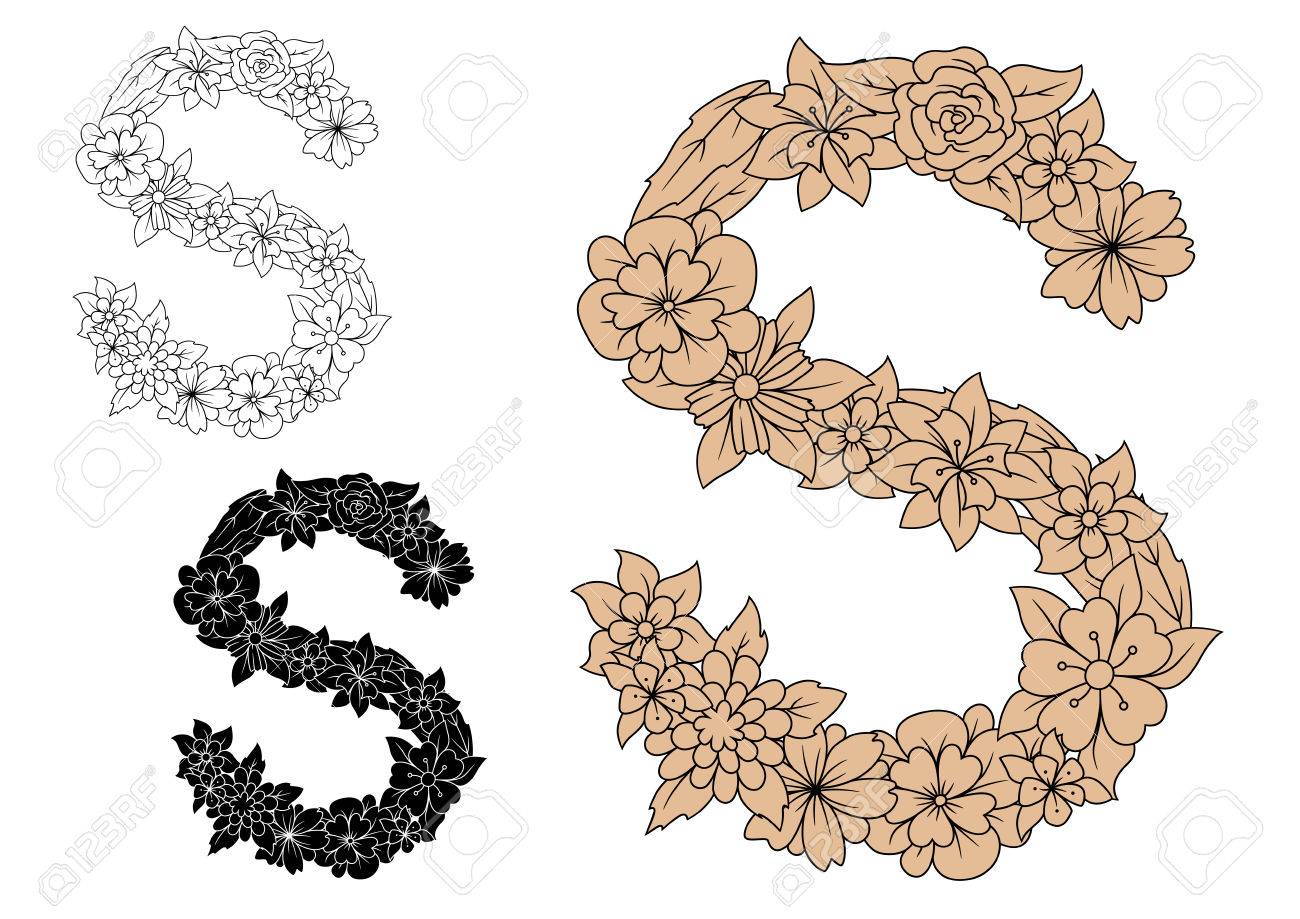 モノグラムや装飾的なアルファベットのデザインの茶色花手紙花とフィールド ハーブのビンテージ飾りと大文字フォントで Sのイラスト素材 ベクタ Image モノグラムや装飾的なアルファベットのデザインの茶色花手紙花とフィールド ハーブのビンテージ飾りと大文字フォントで Sのイラスト素材 ベクタ Image