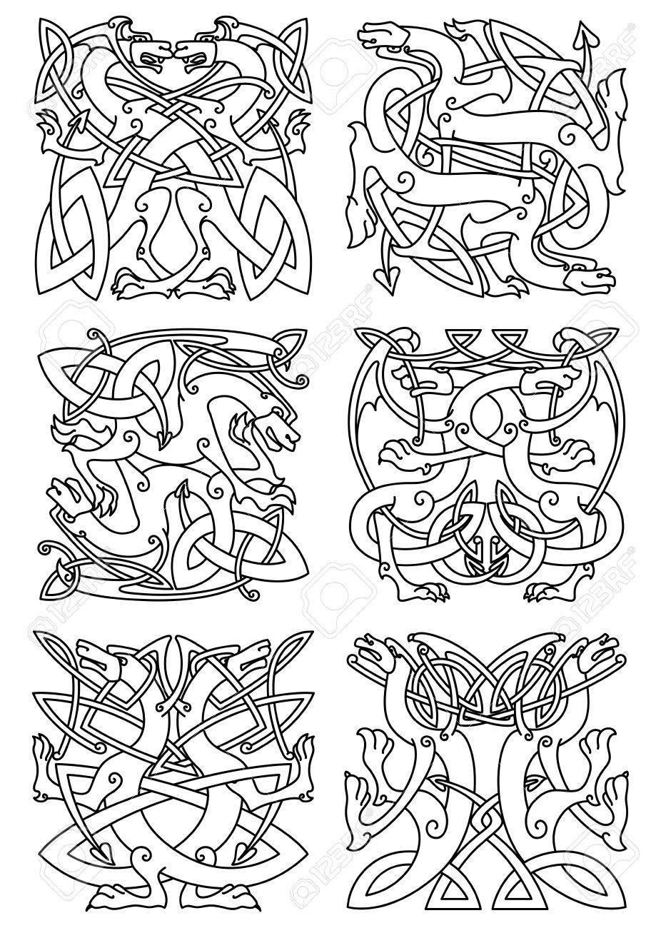 Celtic Tier Knoten Verziert Mythischen Drachen Oder Tieren Mit Gebogenen Flugeln Und Schwanz In Stammesmuster Angeordnet Sind Verwenden Sie Als Tattoo Wappen Oder Emblem Design Lizenzfrei Nutzbare Vektorgrafiken Clip Arts Illustrationen Image