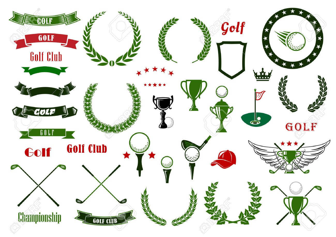 Golf and golfing sport design elements with balls and crossed clubs, green area with hole and flag, trophy cup, laurel wreaths and star frame, heraldic shield and ribbon banners, crown and wings - 49394690 Golf and golfing sport design elements with balls and crossed clubs, green area with hole and flag, trophy cup, laurel wreaths and star frame, heraldic shield and ribbon banners, crown and wings - 49394690