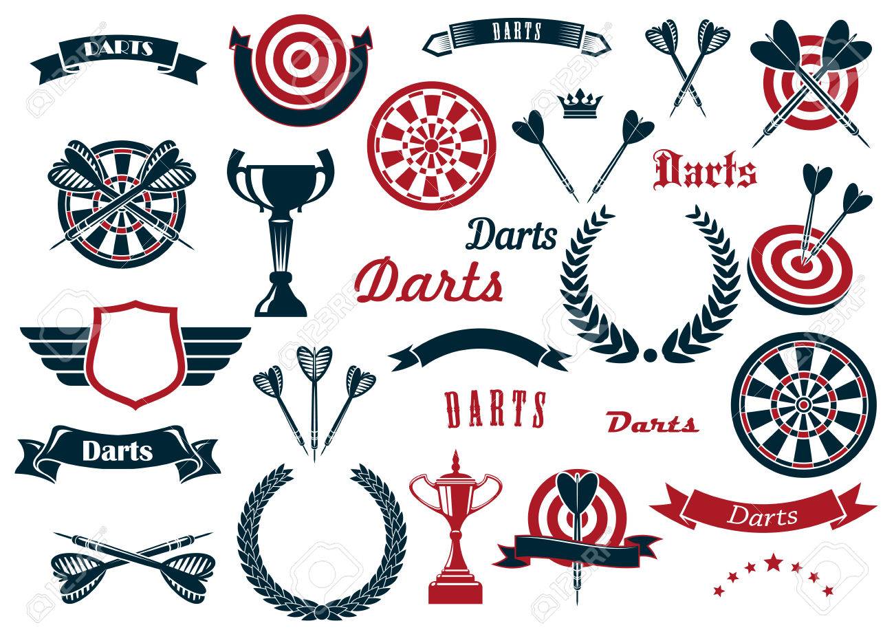 Darts sport game design elements and items with dartboard, arrow, trophy cup, heraldic laurel wreath, winged shield and ribbon banners, stars, crowns. - 49941364 Darts sport game design elements and items with dartboard, arrow, trophy cup, heraldic laurel wreath, winged shield and ribbon banners, stars, crowns. - 49941364