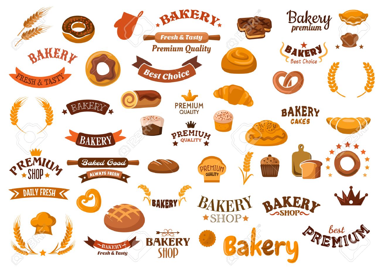 Bakery shop retro emblems cartoon design elements with cupcakes, rye and wheat bread, buns, rolls, doughnuts, croissants, pies, pretzels, cookies and decorative cereal ears, donuts, ribbon banners, baker hats, crowns, stars and headers - 50900076 Bakery shop retro emblems cartoon design elements with cupcakes, rye and wheat bread, buns, rolls, doughnuts, croissants, pies, pretzels, cookies and decorative cereal ears, donuts, ribbon banners, baker hats, crowns, stars and headers - 50900076