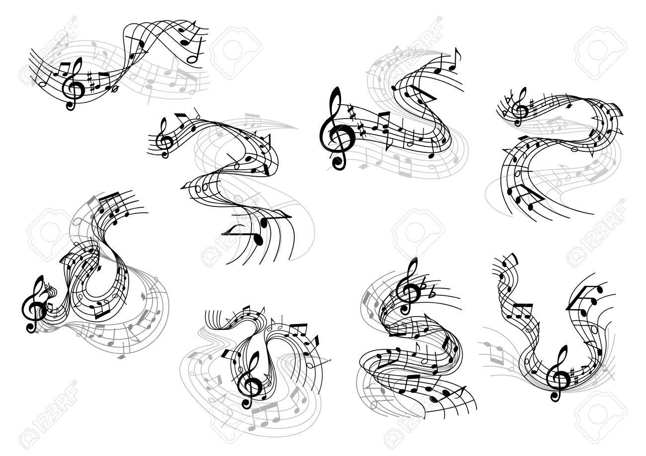 アートと音楽記号ノートと波状と旋回の音楽の五線にト音記号の黒いシルエットを 偉大な芸術の背景 音楽やエンターテイメントのデザイン のイラスト素材 ベクタ Image