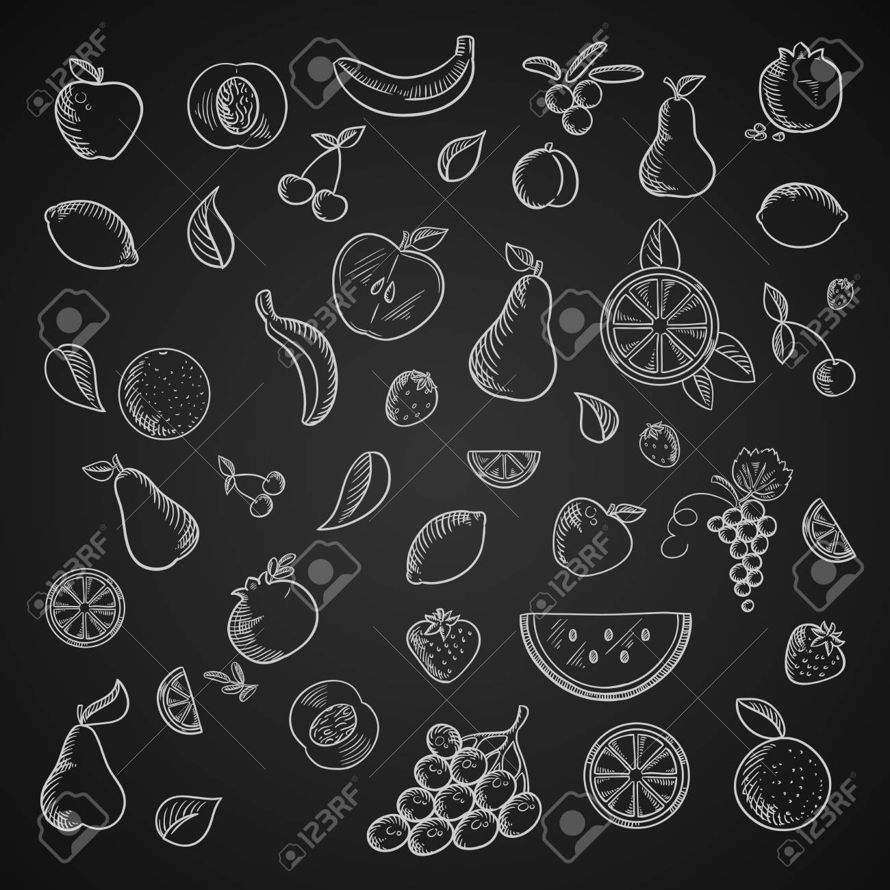 フルーツとベリーのチョーク全体 スライスしたリンゴ バナナ ナシ アンズ ザクロとレモン オレンジ チェリー ブドウ イチゴ クランベリー スイカと アイコンのイラスト素材 ベクタ Image 5336