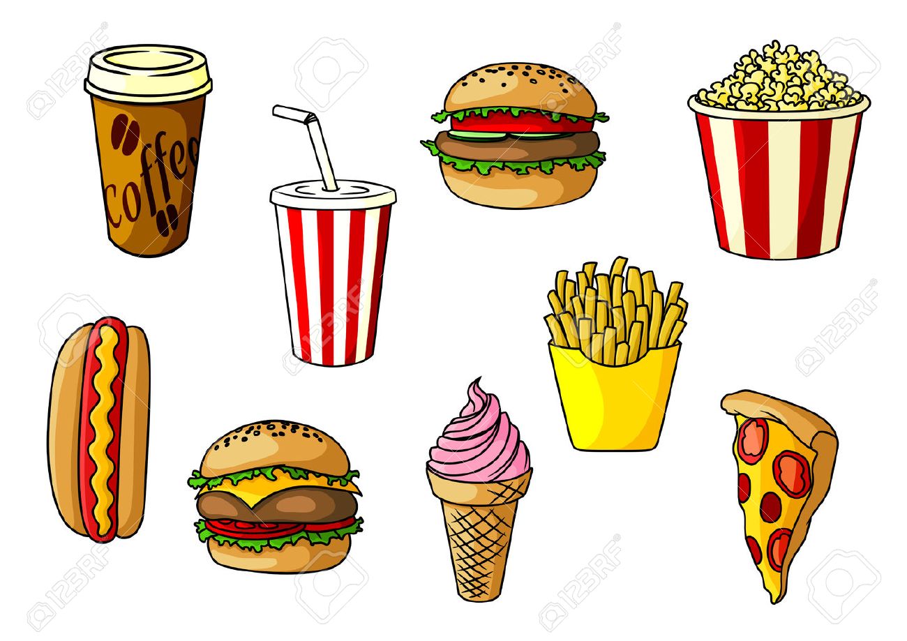 Beef Burger Und Cheeseburger Mit Gemuse Franzosisch Frites Pizza Essen Zum Mitnehmen Popcorn Eimer Und Papier Tassen Kaffee Und Soda Erdbeereis Kegel Fast Food Objekte Fur Cafe Oder Restaurant Menu Design Lizenzfrei Nutzbare Vektorgrafiken Clip