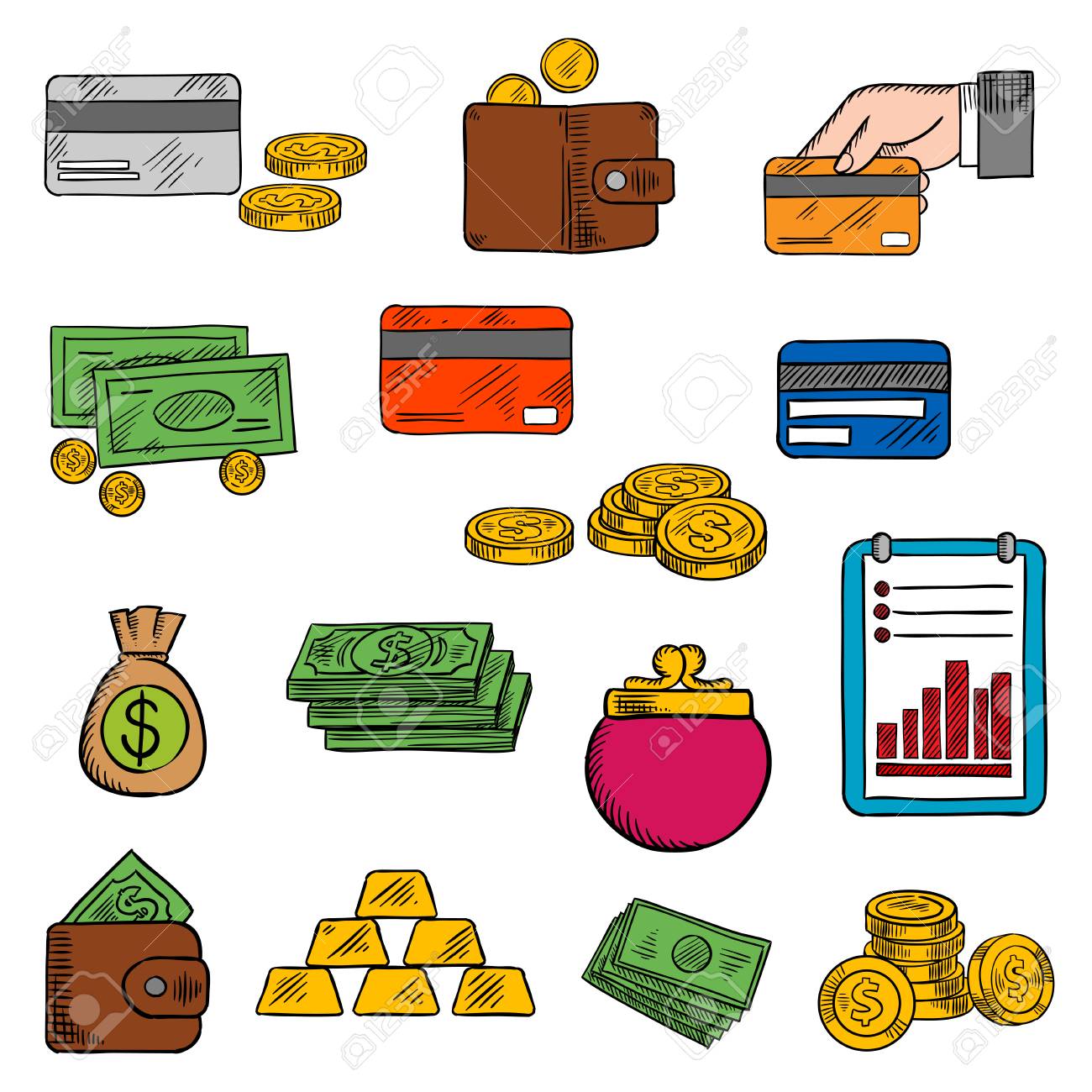 돈 가방 및 달러 지폐, 황금 동전 지갑, 동전 지갑, 신용 카드, 골드 바, 성장 막대 그래프와 재무 보고서의 스택입니다. 금융,  비즈니스, 소매, 결제 테마 로열티 무료 사진, 그림, 이미지 그리고 스톡포토그래피.