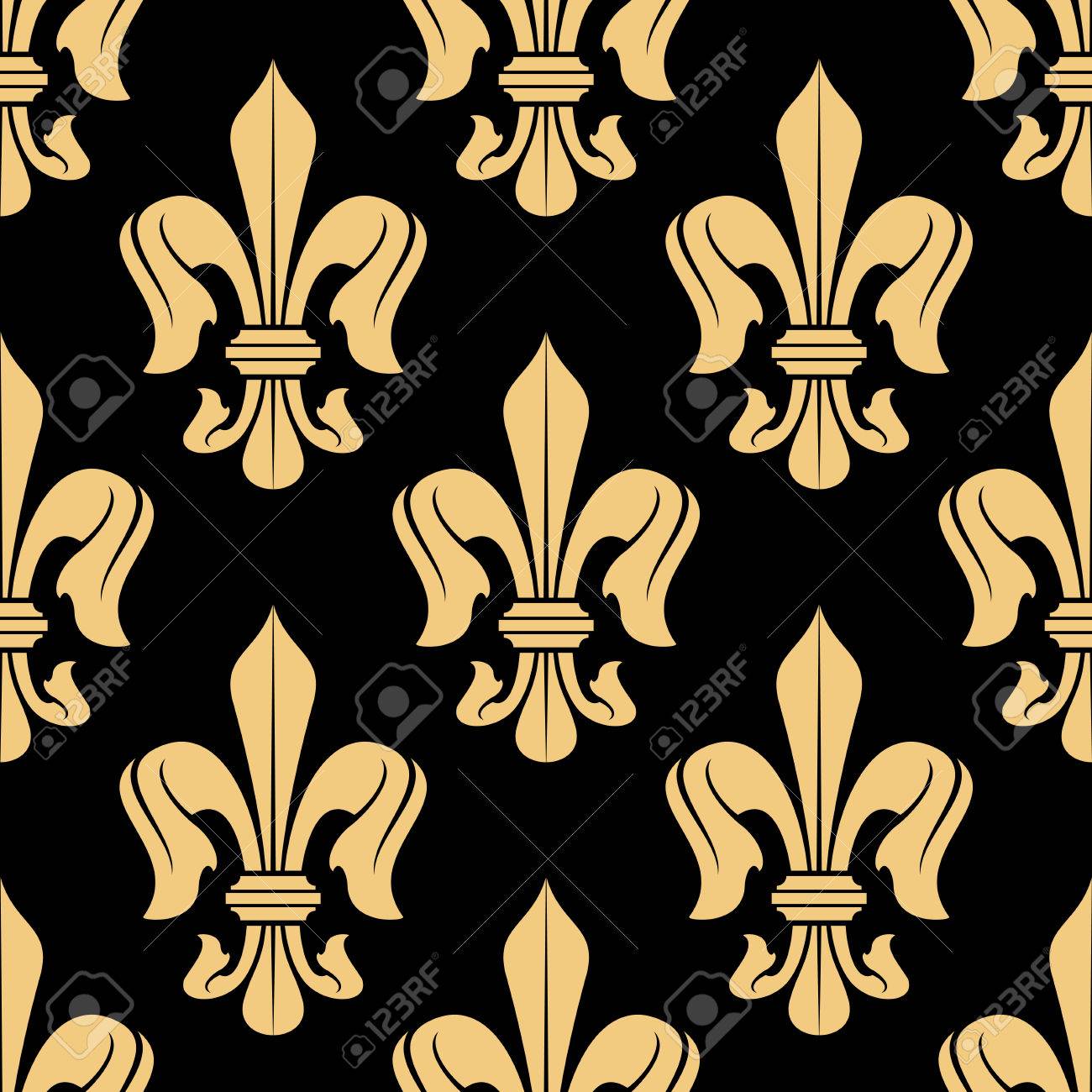 黄金の花の紋章アヤメ黒い背景にシームレス パターン 豪華な壁紙や織物デザインの使用のイラスト素材 ベクタ Image