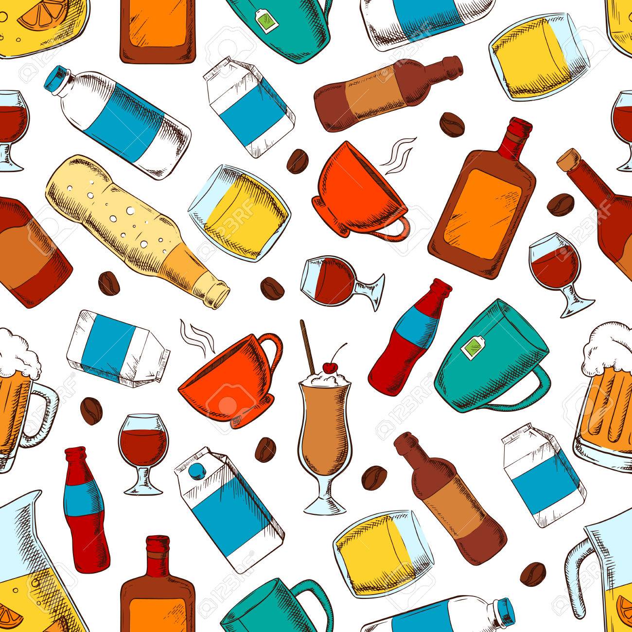 コーヒーと紅茶の飲料シームレス パターン カップ ボトルとグラス ビール ソーダ ワイン ウイスキー ミルクとクリームのパケット 新鮮なレモネ ードと牛乳を振るをいっぱいのイラスト素材 ベクタ Image