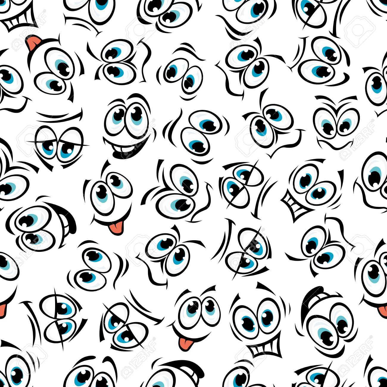 面白い漫画漫画顔シームレスな背景パターン 恐怖 幸福とブルー アイド スマイリーの愛 混乱 不信 怒り 感情表現を希望します 漫画やスクラップ ブック ページの背景デザインの使用 のイラスト素材 ベクタ Image