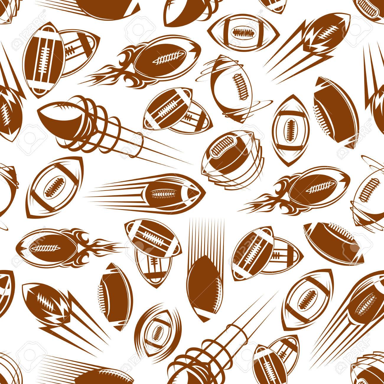 飛んで ラグビー ボールを回転茶色のレトロなコミックと観賞部族スタイルでモーション コースで白い背景にシームレス パターン スポーツ 競争の背景や壁紙のデザイン のイラスト素材 ベクタ Image
