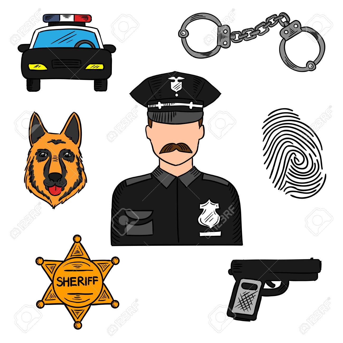 警官は法律のアイコン パトカー 手錠 保安官星 拳銃 警察犬 指紋中心で 黒の制服の役人とセキュリティと警察の職業設計をスケッチします のイラスト素材 ベクタ Image 警官は法律のアイコン パトカー 手錠 保安官星 拳銃 警察犬 指紋中心で 黒の制服の役人とセキュリティと警察の職業設計をスケッチします のイラスト素材 ベクタ Image