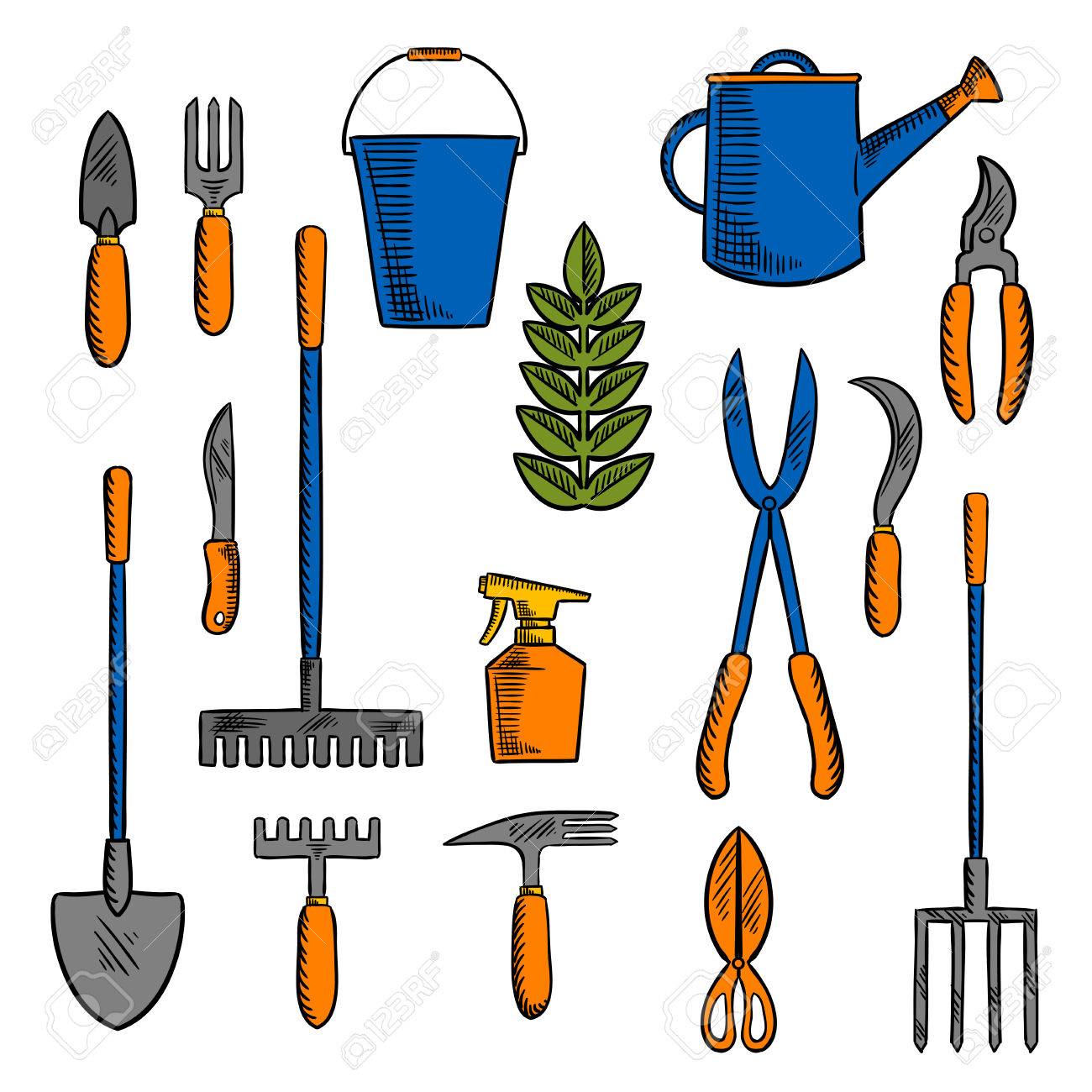 Bocetos De Colores Retro De Herramientas Manuales Para La Agricultura Y La Jardinería Con Pala, Rastrillo, Tridente, Cubo Regadera, Tijeras, Cuchillo, Tijeras, Paleta, Horquillas, Sikle, Botella De Spray Y Una Planta