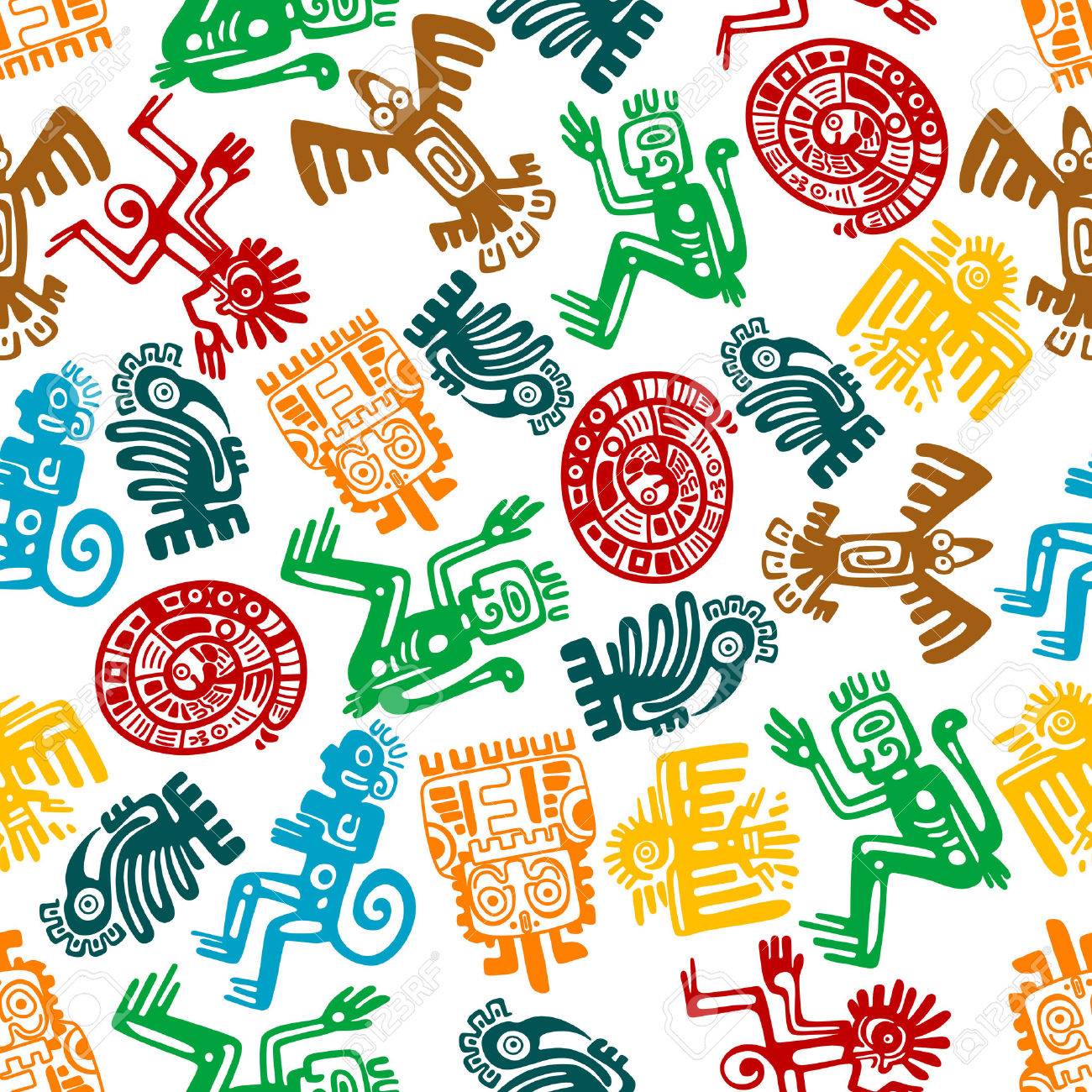 antiguos tótems animales y aves de maya o azteca de fondo con el