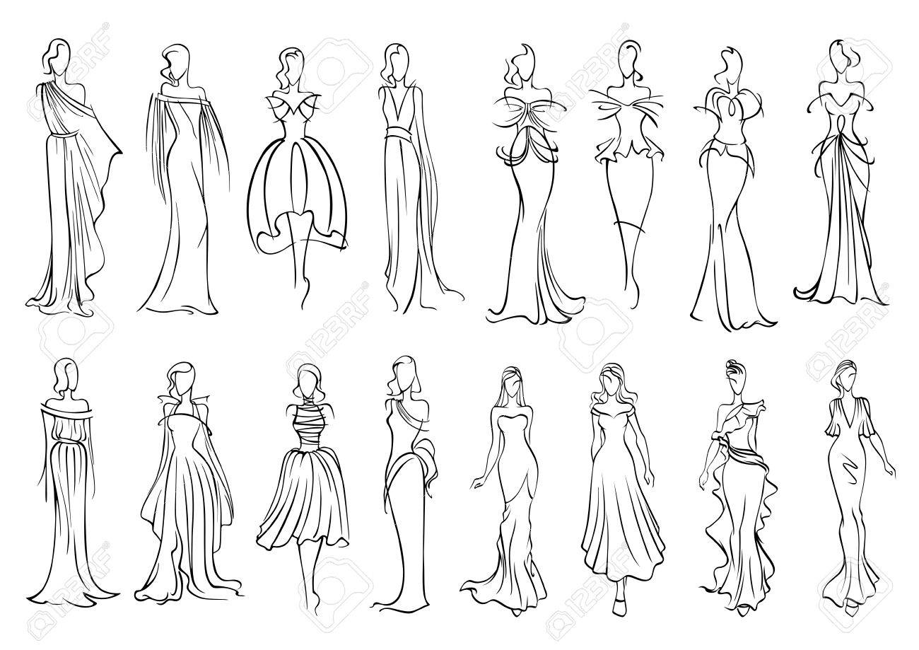 fashion models sketched silhouettes with elegant young women sketched models