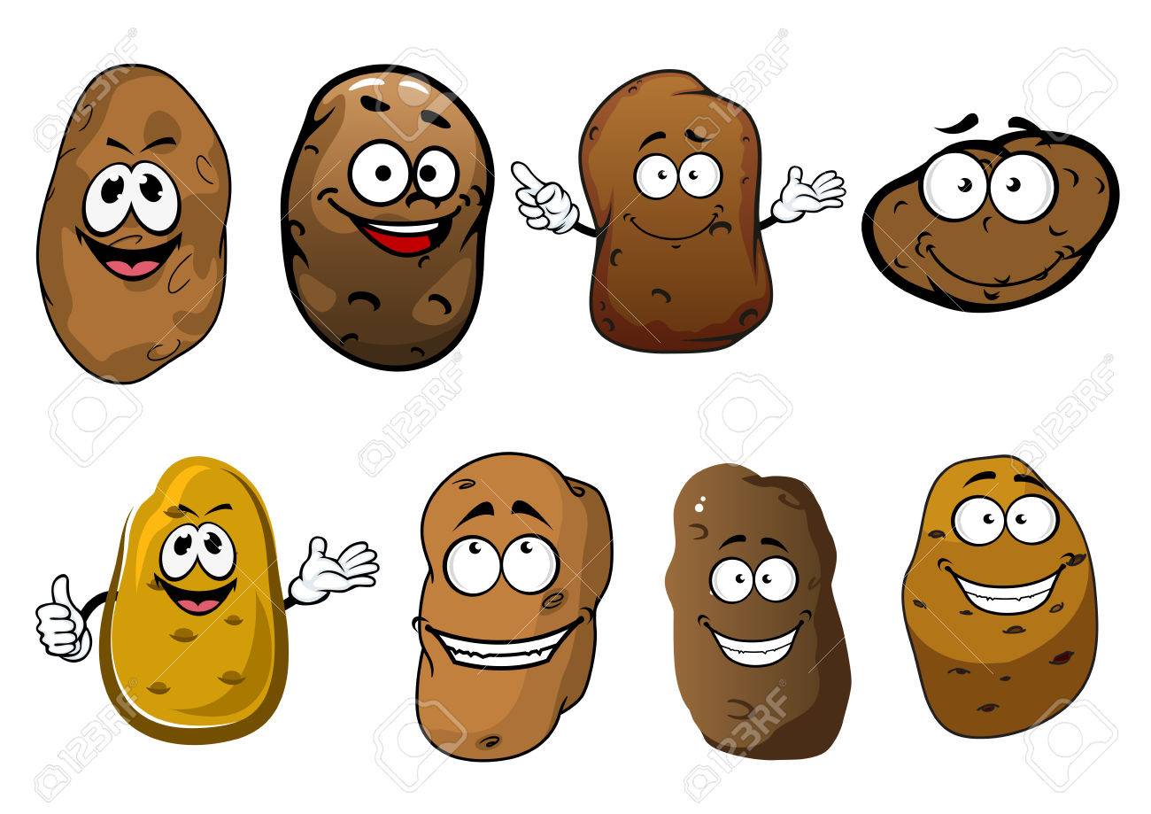 Cultivado Orgánicamente Divertidos Personajes De Dibujos Animados Madura Patatas Verduras Con Cáscara Marrón áspero Y Las Caras Sonrientes Felices. Gran Para La Cosecha Agrícola, Libro De Recetas O Los Niños Diseño Del Cultivado Orgánicamente Divertidos Personajes De Dibujos Animados Madura Patatas Verduras Con Cáscara Marrón áspero Y Las Caras Sonrientes Felices. Gran Para La Cosecha Agrícola, Libro De Recetas O Los Niños Diseño Del