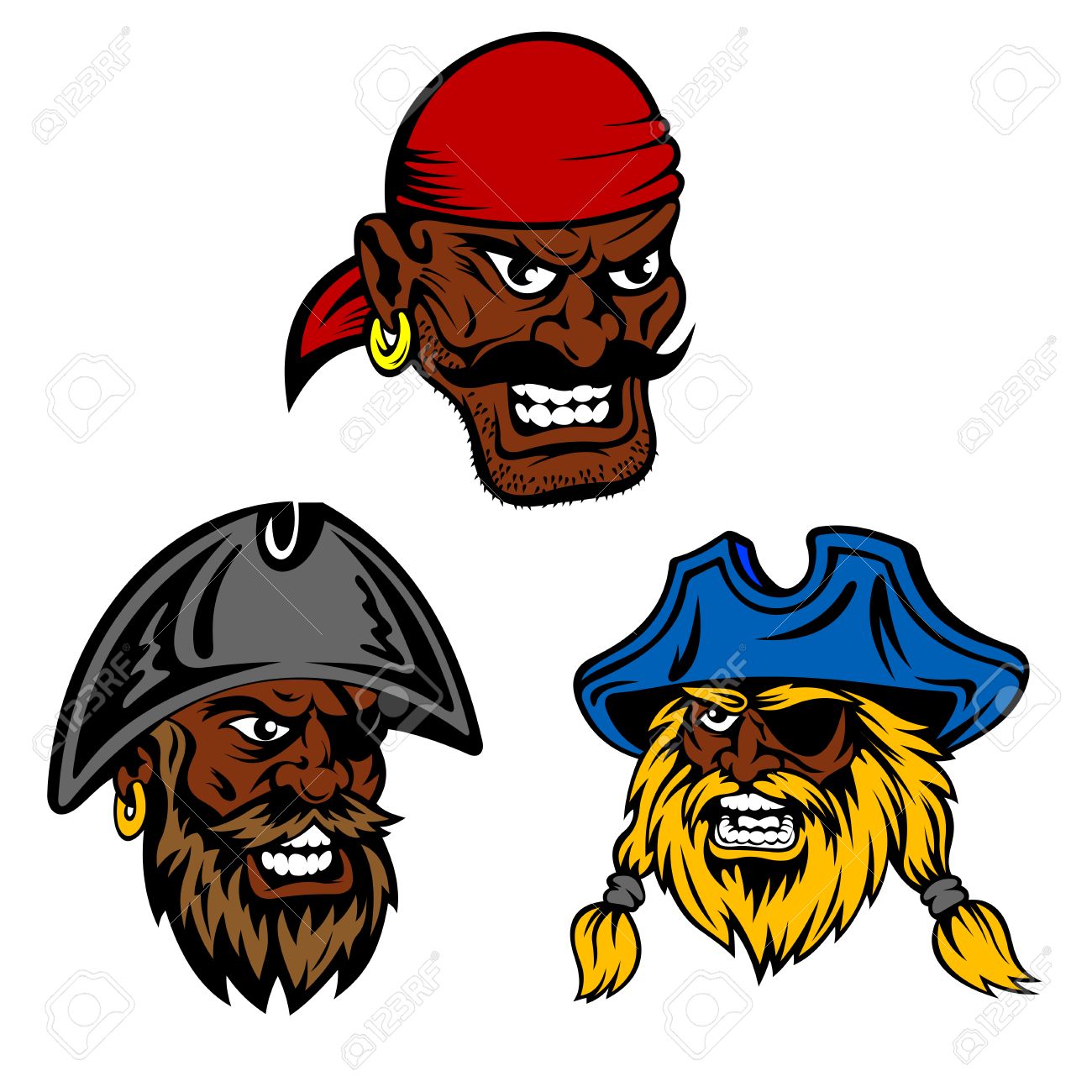 危険な海賊乗組員の文字 黒い皮の赤いバンダナでヴィンテージの帽子 目のパッチと口髭の怒っている砲手を着て毛むくじゃらのひげを持つ海賊の船長と水夫のイラスト素材 ベクタ Image