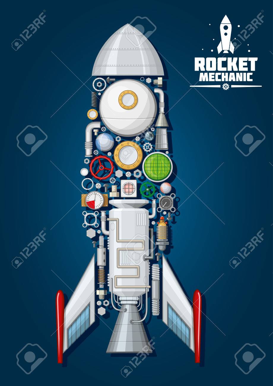 Rocket Mechanics Symbol Of Modern Spaceship With Detailed Engine Parts And  Body Structure Such As Nose Cone, Fins And Access Hatch, Nozzle And  Portholes, Combustion Chamber And Pumps, Fuel Tank And Gears,