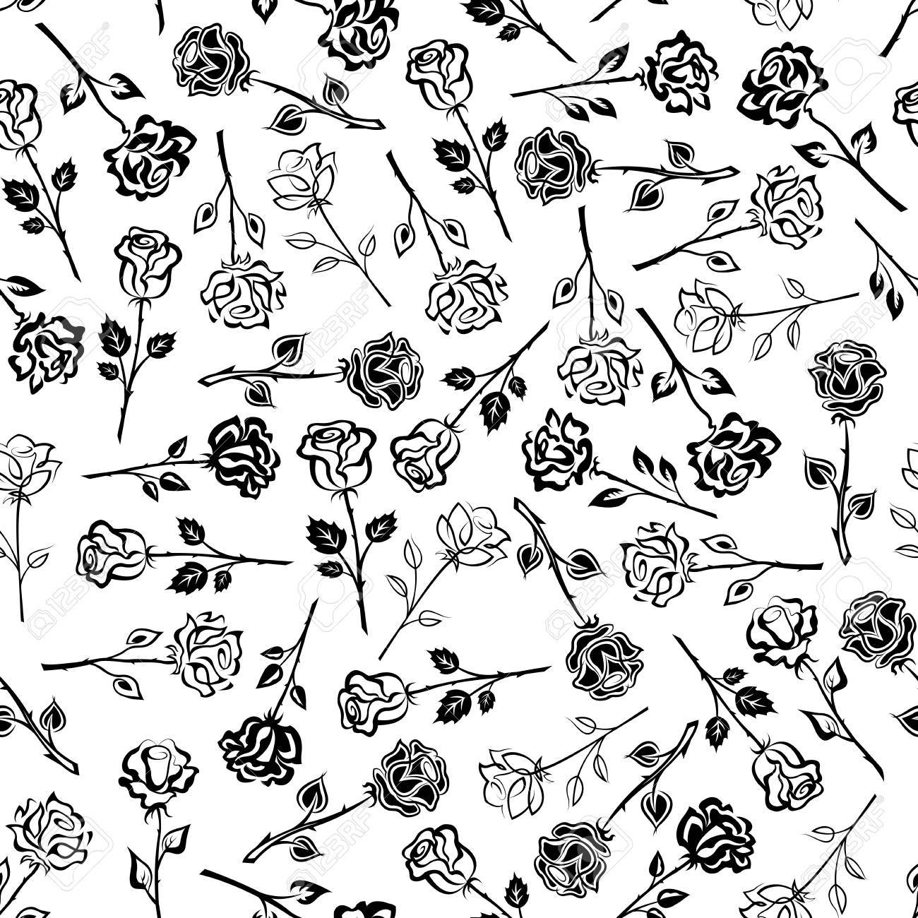Blooming Roses Black And White Floral Seamless Pattern Background With  Silhouettes Of Stalks With Lush Flowers And Leaves. May Be Used As Fabric  Print Or Scrapbook Page Backdrop Design Royalty Free SVG,, image size:1300x1300