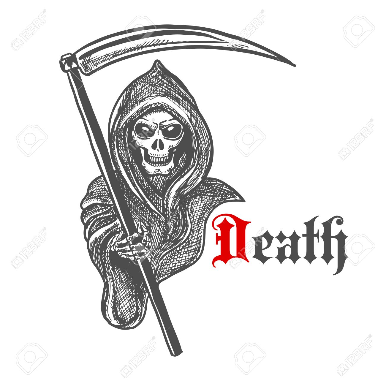 Spooky Death Skeleton In Hooded Cape Cloak With Scythe Sketched