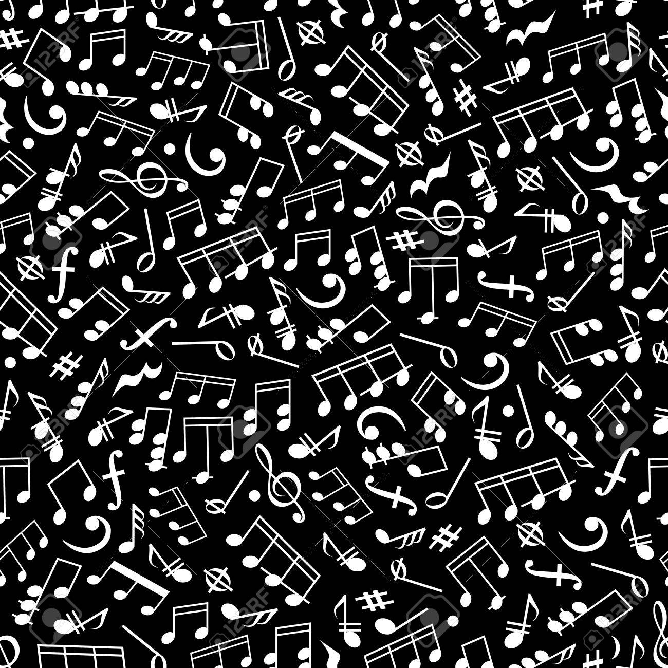音符と休符 ベース等ト音記号の様々 な黒の背景音楽注記や記号パターンのシームレスな白いシルエット 音楽や芸術のコンセプト デザイン のイラスト素材 ベクタ Image