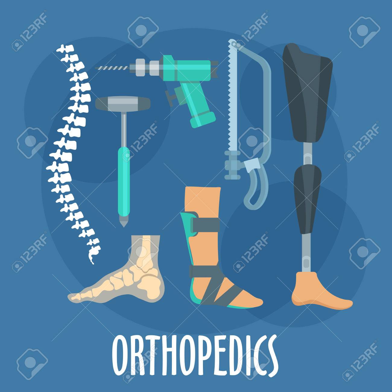 Orthopedics and prosthetics medicine symbol for orthopaedic clinic design usage with bones of vertebral column and foot, prosthetic leg and ankle foot orthosis, charriere bone saw, bone drill and medical hammer. Flat style - 58721374 Orthopedics and prosthetics medicine symbol for orthopaedic clinic design usage with bones of vertebral column and foot, prosthetic leg and ankle foot orthosis, charriere bone saw, bone drill and medical hammer. Flat style - 58721374