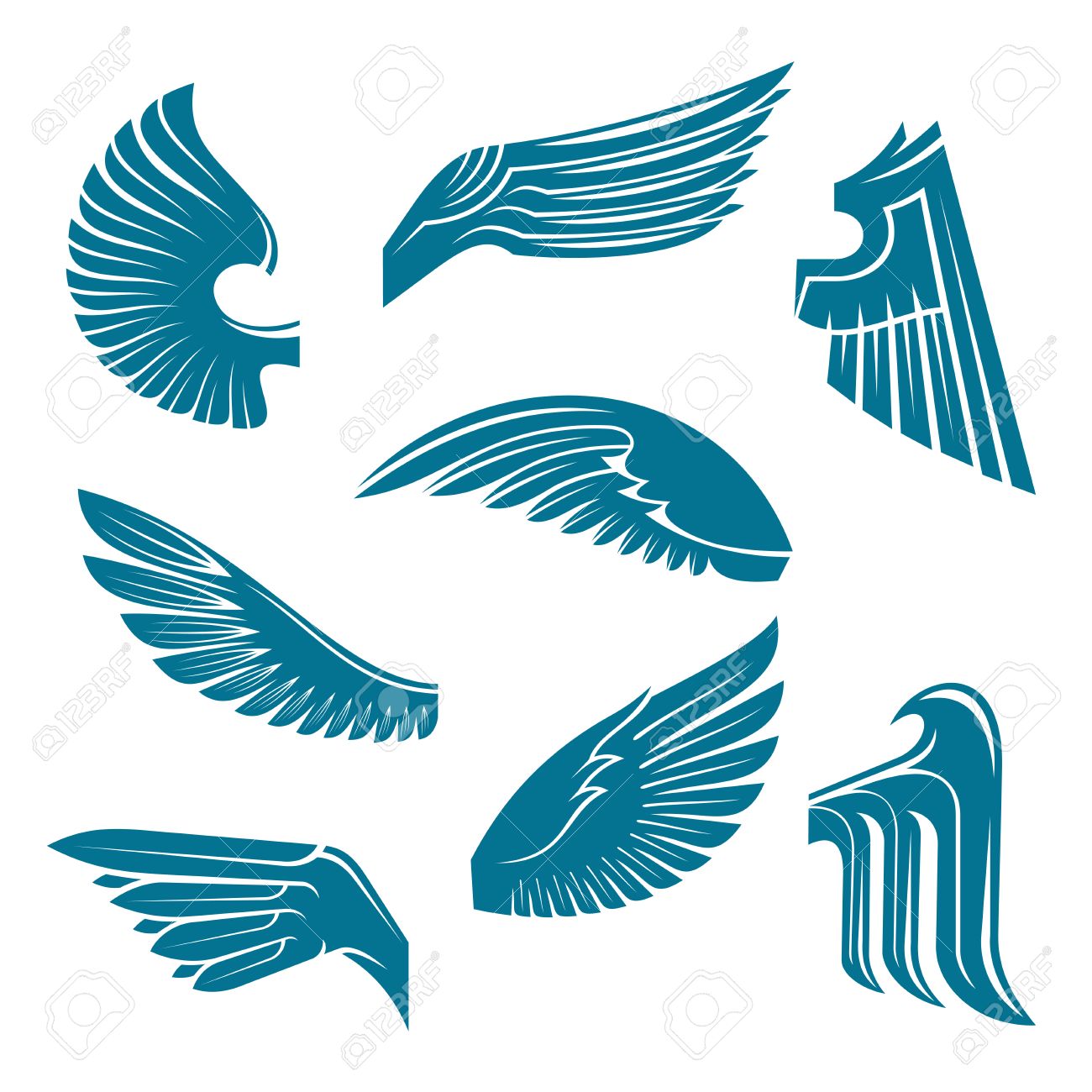 Tucked And Spread Wings Vintage Heraldic Symbols Of Blue Feathered Wings Of  Eagle, Swan, Falcon Or Raven With Tribal Elements. May Be Used As Coat Of  Arms, Tattoo Or Jewellery Design Royalty, image size:1300x1300