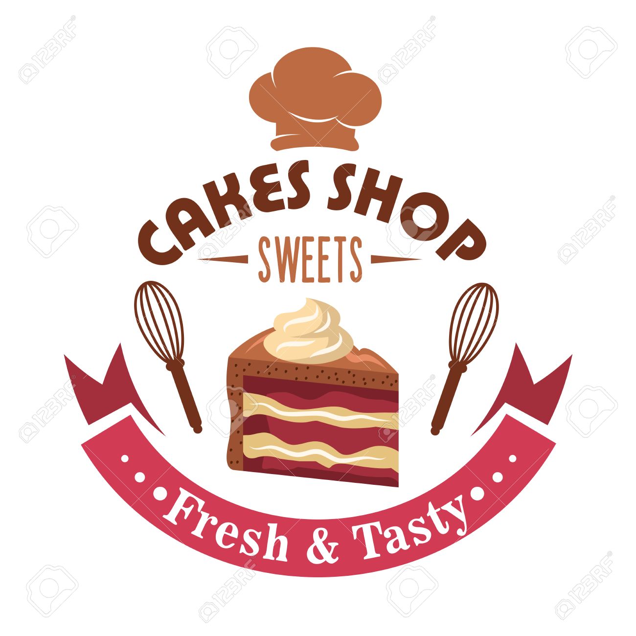 Pasticceria Disegno Simbolo Retr² Con Una Fetta Di Torta Di Fragole A Strati Con Glassa Di Cioccolato Guarnito Con Turbinii Buttercream Incorniciato Da