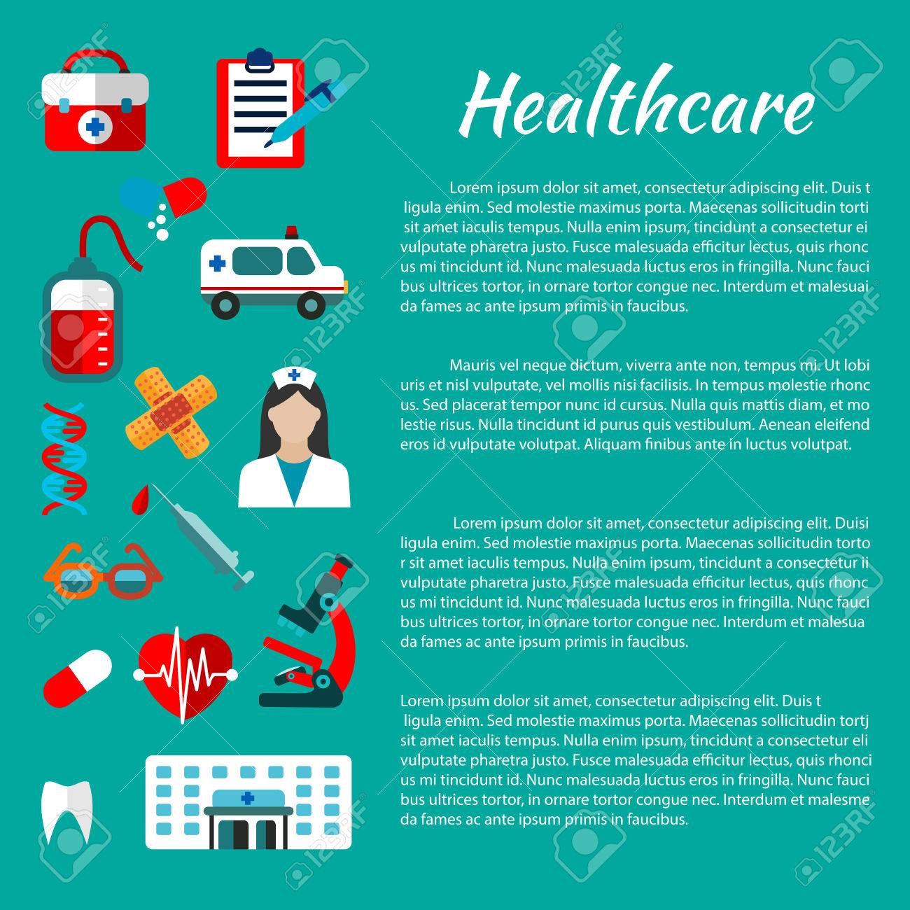 healthcare and hospital poster design template with flat icons