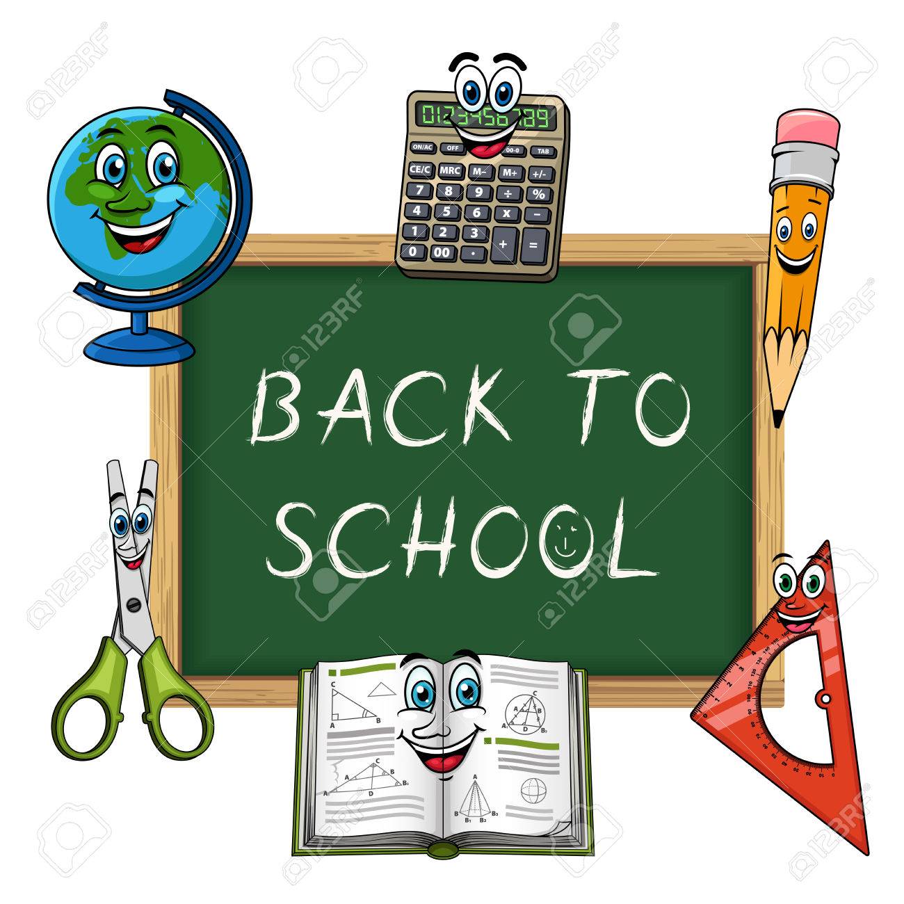 Klassenzimmer Tafel Mit Kreide Nachricht Zuruck Zu Schule Und Sussen Smiley Umgeben Von Glucklich Buch Globus Bleistift Taschenrechner Lineal Und Schere Comic Figuren Fur Thema Design In Die Schule Konzept Oder Ausbildung Zuruck