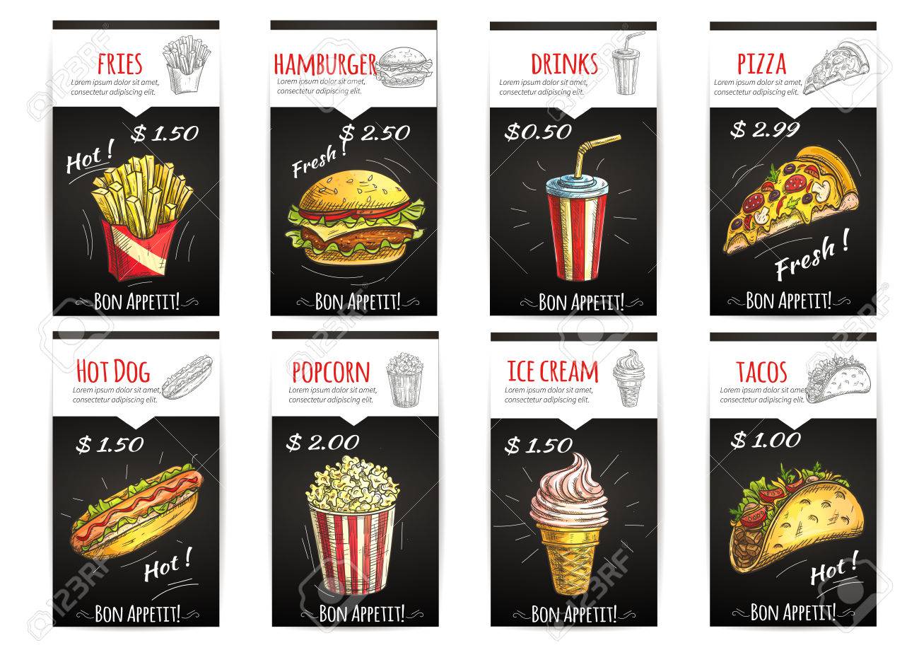 ファスト ・ フード メニュー ポスター説明と価格のラベル。フライド