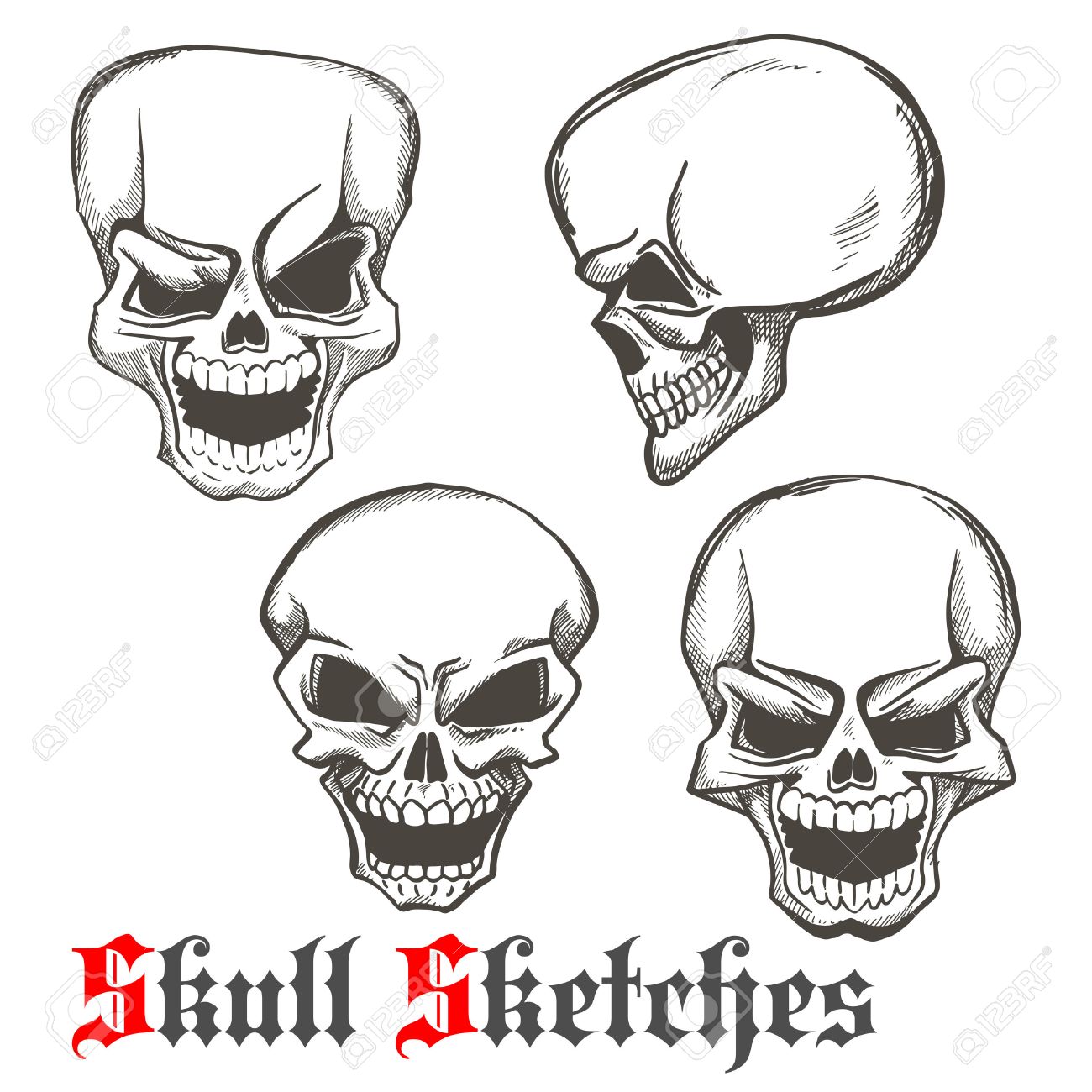 Smiling and winking skulls sketches of human skeleton heads with evil laughing grins. Use as tattoo or Halloween mascot design - 61615192 Smiling and winking skulls sketches of human skeleton heads with evil laughing grins. Use as tattoo or Halloween mascot design - 61615192