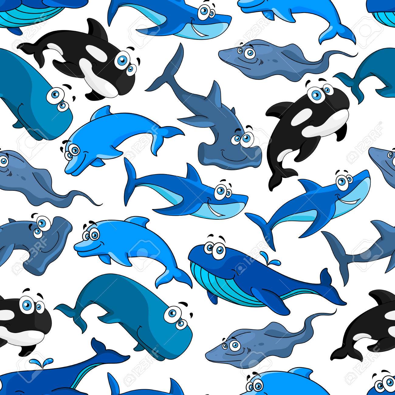 魚は シームレスなパターン背景を漫画します ベクター子供変なフラット アイコン 青いかわいい海と魚の泳ぐ サメ イルカ クジラ スティングレイ のイラスト素材 ベクタ Image