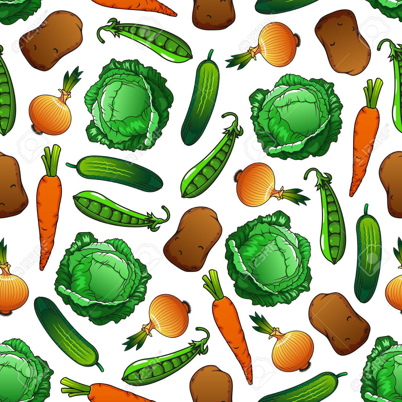 ニンジン キャベツ 玉ねぎ キュウリ ジャガイモ 緑色のエンドウ豆の漫画のシームレスな背景を持つ新鮮な春野菜のパターン 農業と有機農業のデザインの イラスト素材 ベクタ Image